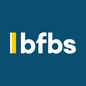 Logo on blue background with a yellow vertical bar followed by lowercase white letters "bfbs." The design is modern and clean.