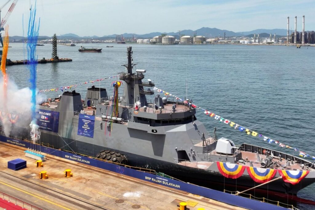 Fireworks are let off during the ceremony marking the launch of the future BRP Rajah Sulayman. Image: HDHHI