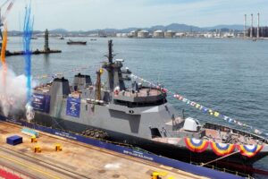 Fireworks are let off during the ceremony marking the launch of the future BRP Rajah Sulayman. Image: HDHHI