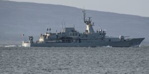 Irish Naval Service offshore patrol vessel LE George Bernard Shaw in Galway Bay, Ireland in 2019.