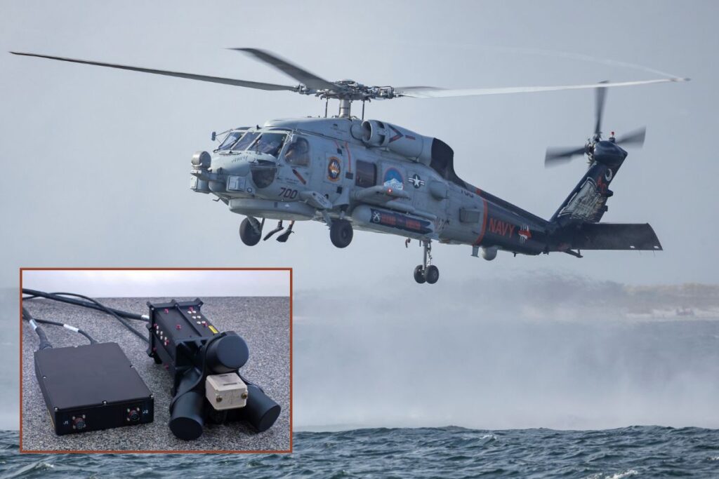 An MH-60R Seahawk over Pensacola Bay in 2024; inset, the MAD-XR system.