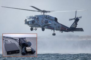 An MH-60R Seahawk over Pensacola Bay in 2024; inset, the MAD-XR system.