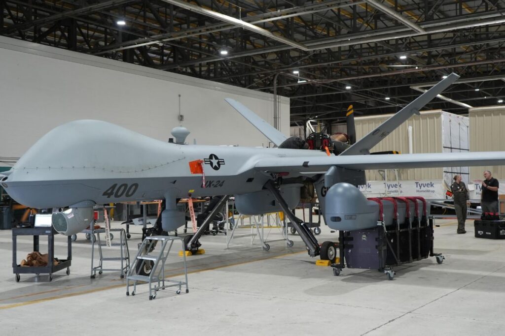 An MQ-9 Reaper upgraded with the SkyTower II Pod, set to be deployed to the USMC squadron next year. Image: U.S.Navy