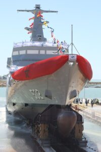 The OPV slides down slipway number 3 into the sea at the San Fernando shipyard. Image: Navantia