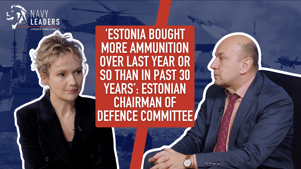 Two people in a discussion, with a quote centered between them about Estonia's ammunition purchases. Background shows military aircraft and ships. Navy Leaders logo in the top left.