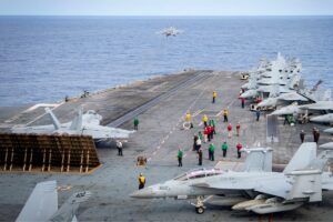 An F/A-18E Super Hornet launches from the flight deck of the aircraft carrier USS Nimitz in the South China Sea earlier this month. Image: U.S. Navy