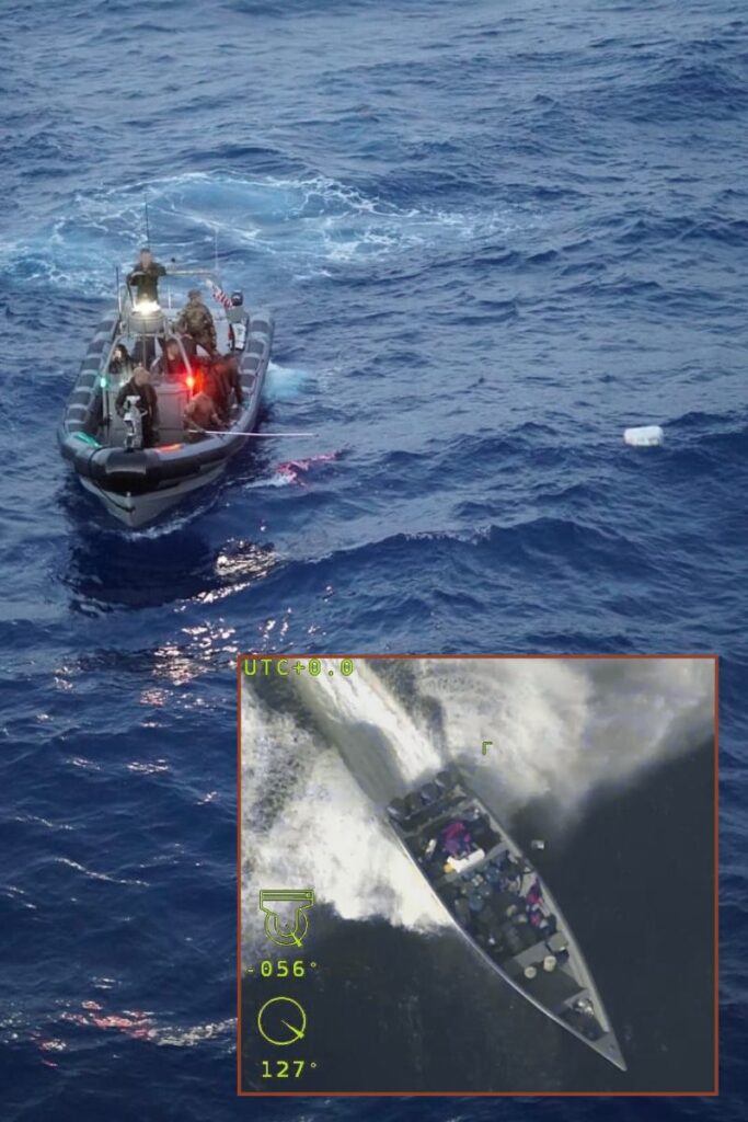 Main image, one of the HNLMS Friesland’s ribs recovering drug bales thrown overboard by the boat being pursued, inset. Images: Royal Netherlands Navy.