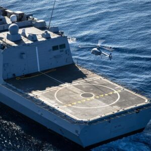 A VSR700 UAS hovers above the flight deck of a French Navy frigate. Image: Airbus