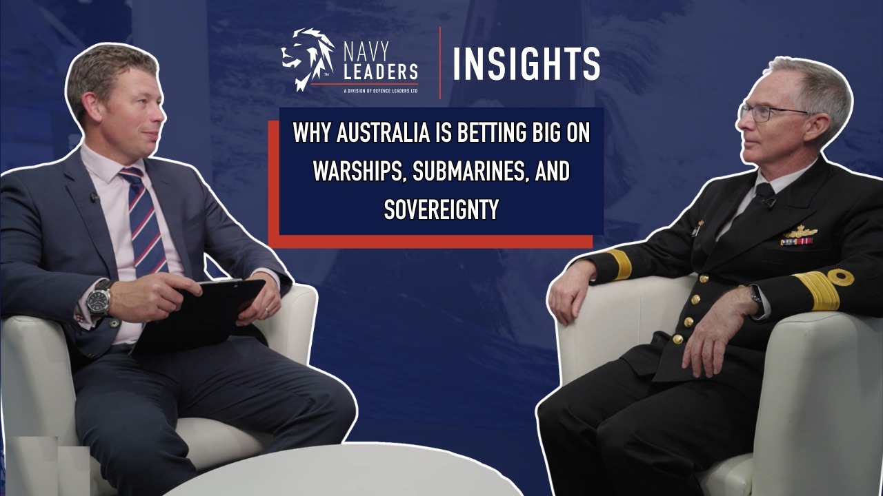 Video thumbnail for "Why Australia Is Betting Big on Warships, Submarines, and Sovereignty" with a man in a suit interviewing a man in military uniform