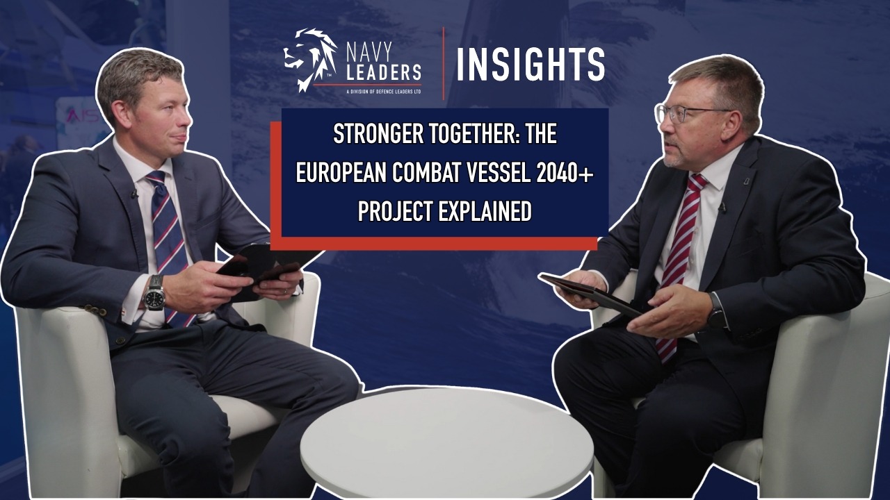 Video Thumbnail for "Stronger Together: The European Combat Vessel 2040+ Project Explained". The image features two men in suits facing each other sat down for an interview.
