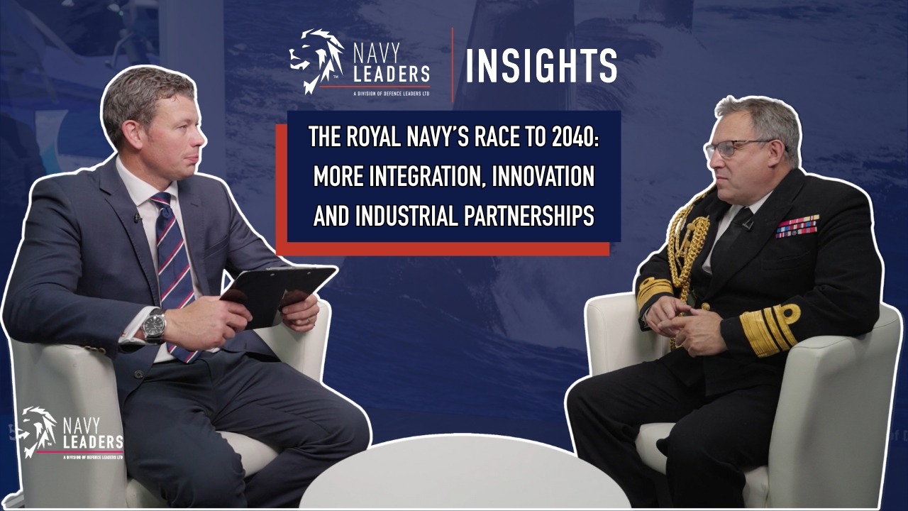Video thumbnail for "The Royal Navy’s Race to 2040: more integration, innovation and industrial partnerships" with a man in a suit interviewing a man in military uniform