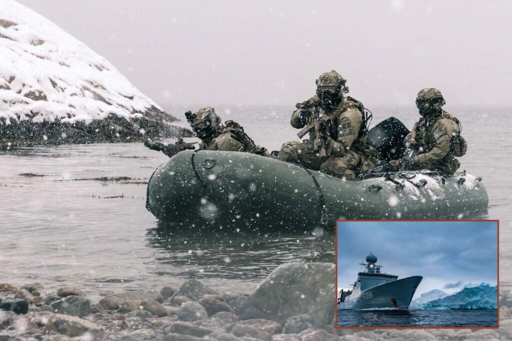 Main picture, Royal Marine commandos landing on a beach in the High North; inset, Royal Danish Navy frigate HDMS Triton passing an iceberg.