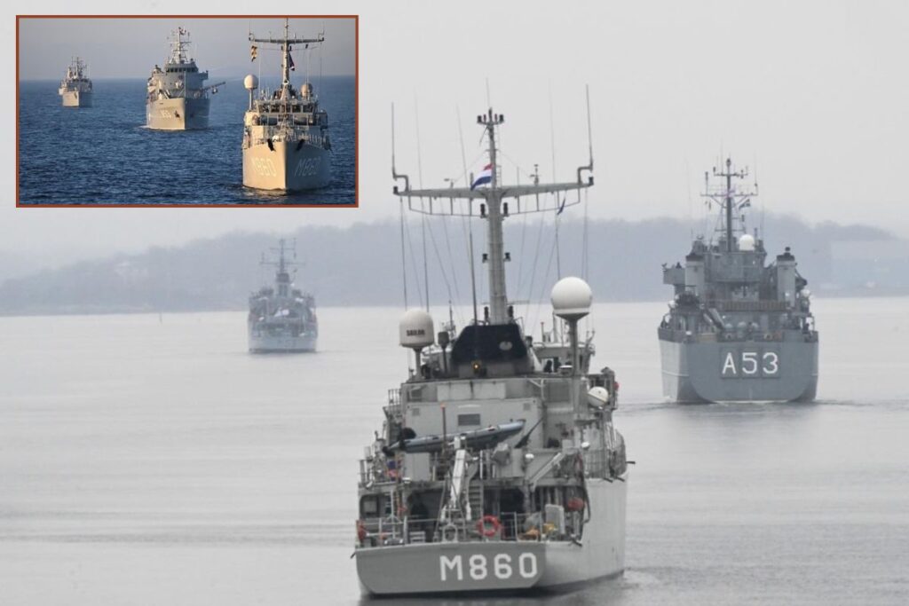 Main image, SNMCMG1 units participating included Polish Navy flagship ORP Kontradmiral Xawery Czernicki, German Navy ship FGS Fulda and Royal Netherlands Navy ship HNLMS Schiedam. Inset, HNLMS Schiedam and Latvian minelayer LVNS Virsaitis lead a formation.