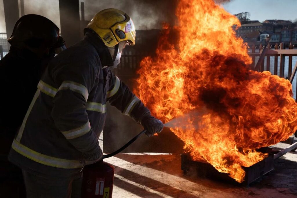 Reservists turn their hand to firefighting drills at HMS Calliope’s training facility in Gateshead.