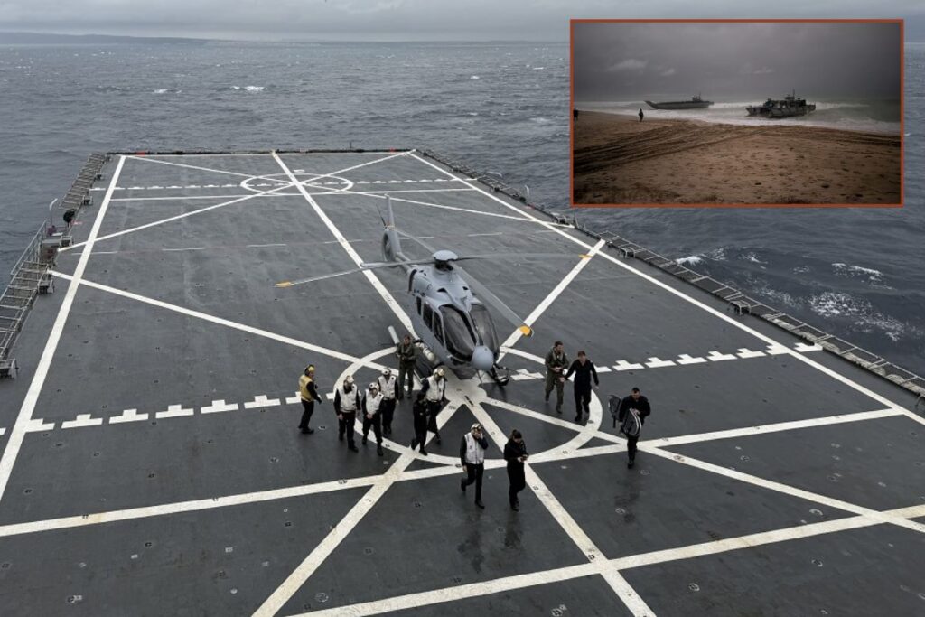 An Airbus H135M helicopter on the flight deck of amphibious assault ship Galicia (main image) and amphibious landings staged in the Sierra del Retín Training Area (inset).