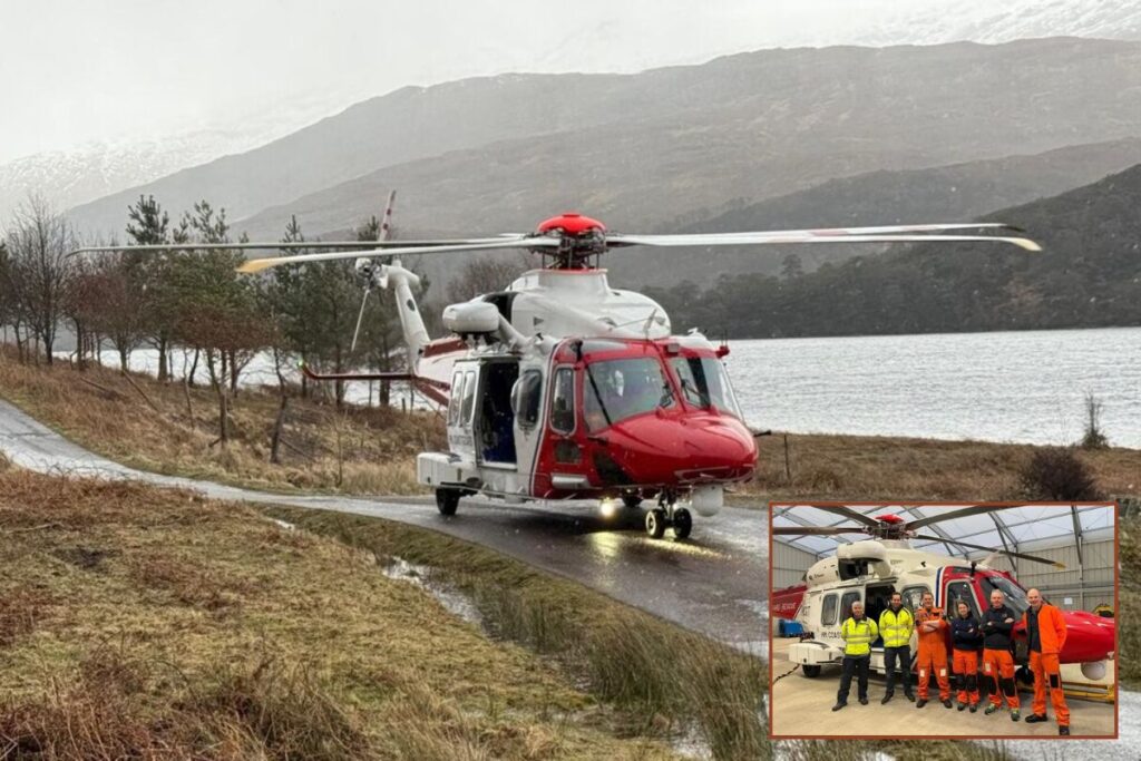 Main image, the AW189 now operating out of HM Coastguard’s new seasonal base at the coastal town of Oban in Argyll, western Scotland; inset, the rescue team at Caernarfon, Gwynedd, Wales with their new AW189.