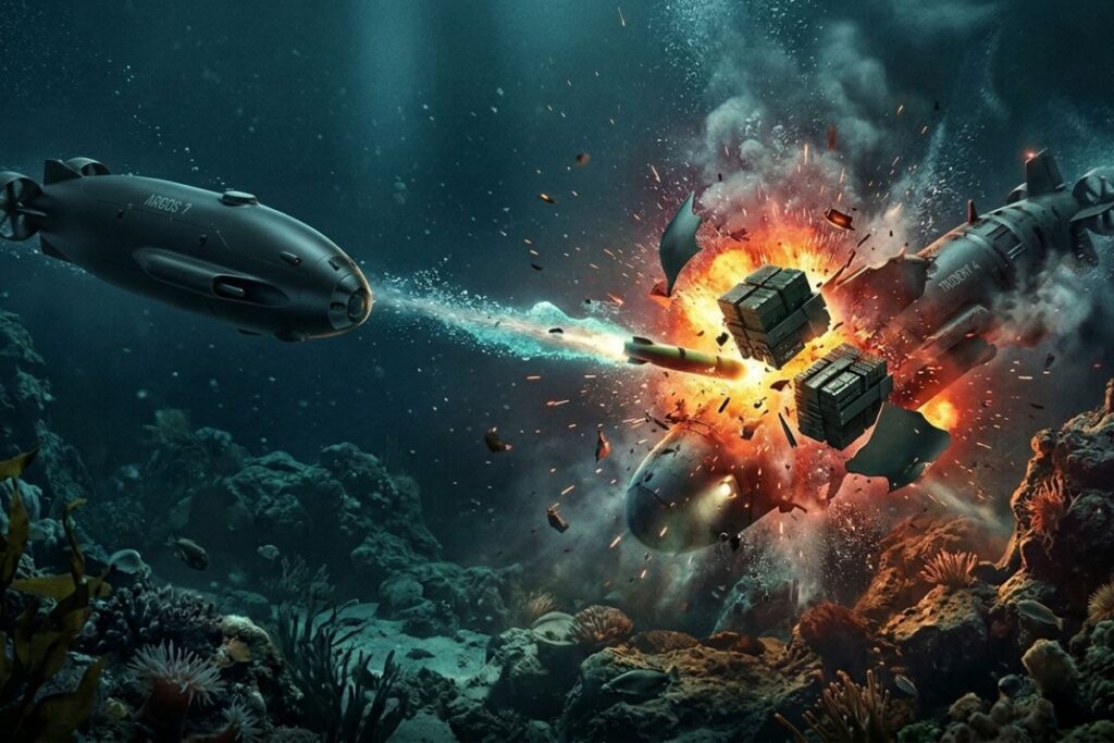 An AI-generated image depicting one UUV neutralising another with a kinetic solution beneath the waves.