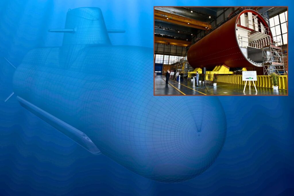 One of the blocks (inset) making up the first U212 NFS submarine (main image) destined for the Marina Militare Italiana.