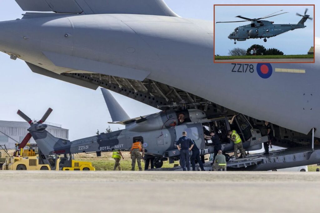 Main picture; one of the Wildcats being wheeled out of a C-17 at RAF Akrotiri; inset , the Crowsnest-equipped Merlin taking off from  Culdrose.