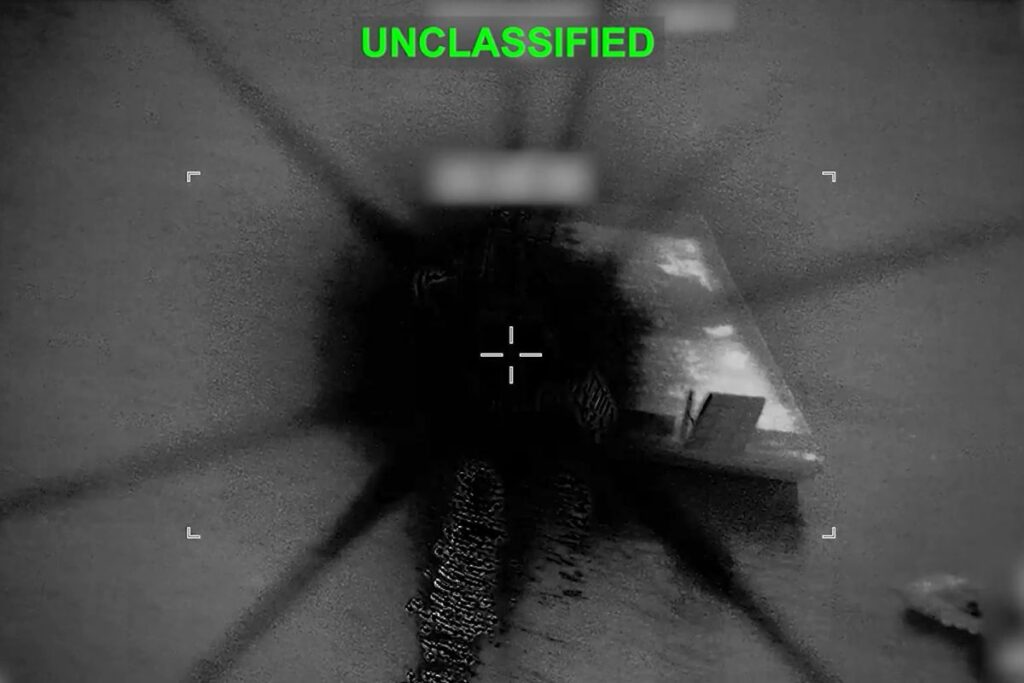 Imagery released by CENTCOM showing an Iranian minelayer in the Strait of Hormuz being struck as part of Operation Epic Fury.