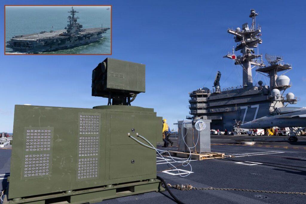 Main image, the containerized Locust  LWS on the flight deck of Nimitz-class aircraft carrier USS George H.W. Bush (inset).
