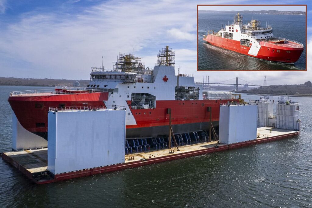 Main picture, the future CCGS Donjek on her barge in Bedford Basin near Irving’s Halifax shipyard, and inset, after her launch.