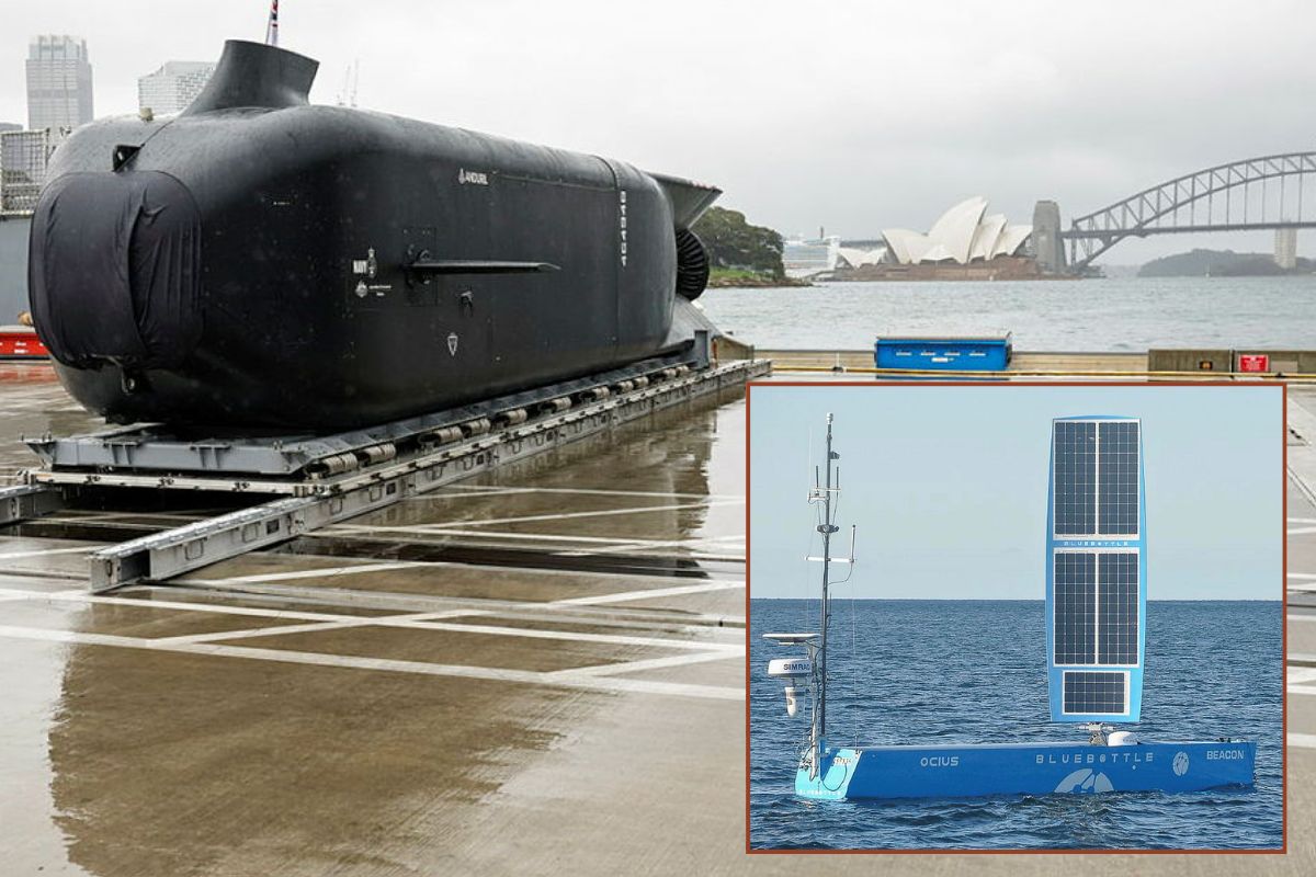 The Maritime Autonomous Systems Unit will operate uncrewed systems including the Anduril Ghost Shark XLUUV (main picture) and Ocius Bluebottle USV (inset).