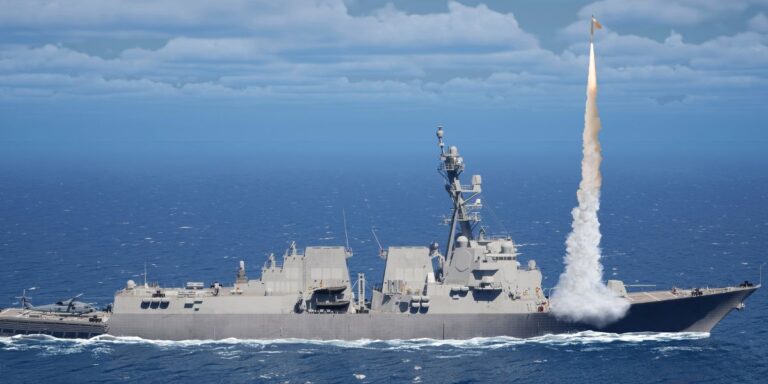 An artist’s impression of a PAC-3 MSE missile being fired from a U.S.Navy warship.