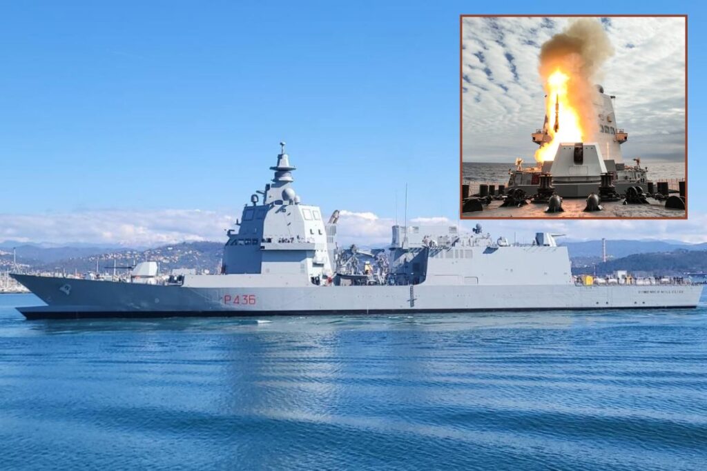 Main picture, Italian Navy PPA Domenico Millelire; inset, an Aster 30 missile being fired from Raimondo Montecuccoli during testing of the PPA combat system.