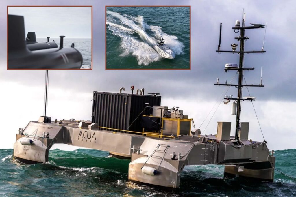 Some of the uncrewed systems being showcased to the Royal Navy; main picture, ACUA Ocean’s Pioneer USV; inset, some of Helsing’s SG-1 Fathom UUV gliders and SubSea Craft’s MARS USV.