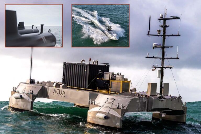 Some of the uncrewed systems being showcased to the Royal Navy; main picture, ACUA Ocean’s Pioneer USV; inset, some of Helsing’s SG-1 Fathom UUV gliders and SubSea Craft’s MARS USV.