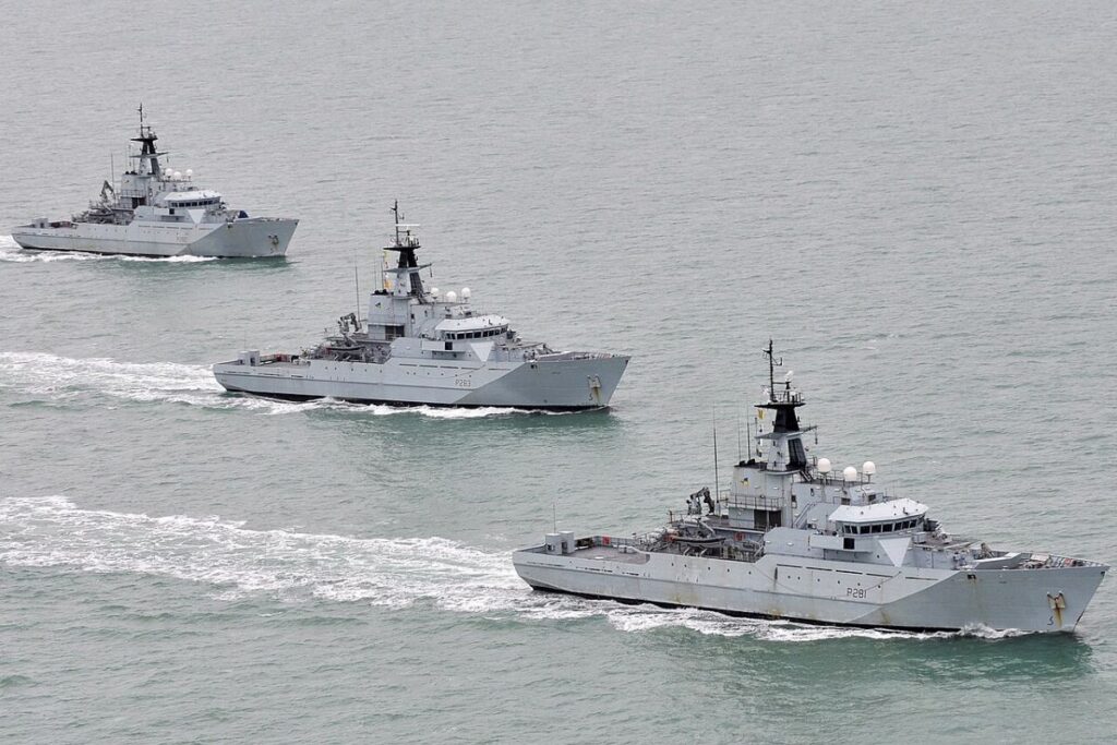 HMS Severn, HMS Tyne and HMS Mersey off the coast of Cornwall in 2012.