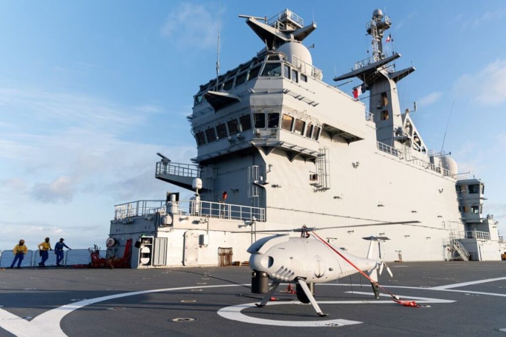 Ready to fly — a Schiebel S-100 drone on the flight deck of Mistral-class amphibious helicopter carrier  Dixmude.