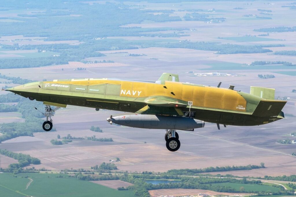The Navy’s MQ-25A Stingray during its first test flight at MidAmerica Airport.