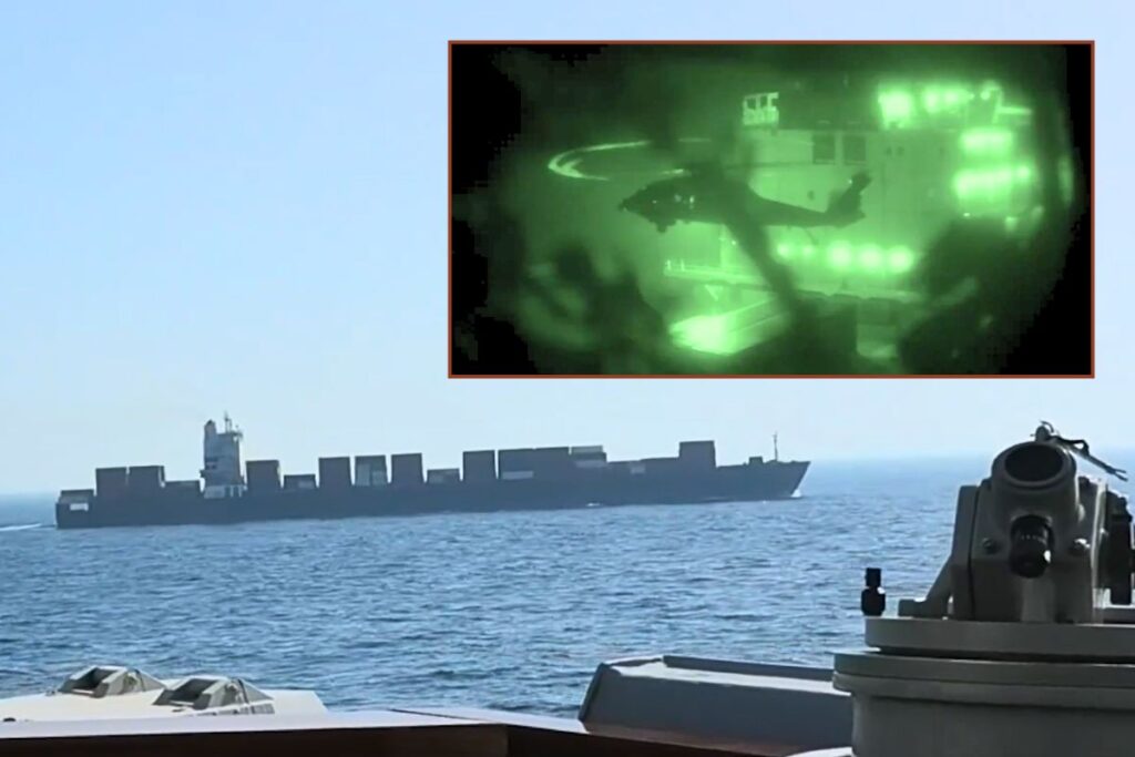 Main image, container ship Touska as seen from guided-missile destroyer USS Spruance in the Arabian Sea; inset, U.S. Marines from amphibious assault ship USS Tripoli rappel onto the Iranian-flagged vessel.
