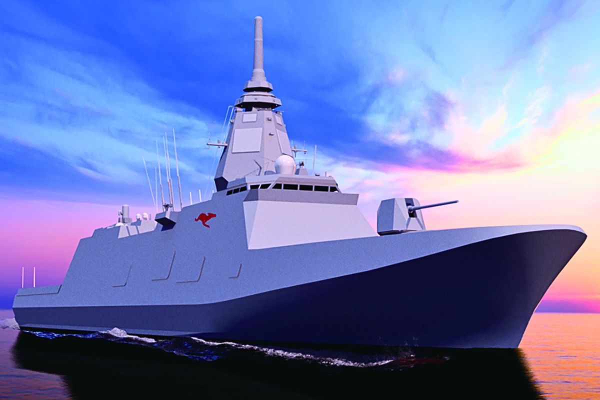 A computer-generated artist’s impression of an upgraded Mogami-class frigate at sea.