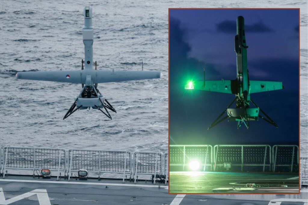 The V-BAT UAS taking off on day and night (inset) operations from the deck of HNLMS Johan de Witt during CORE 26.