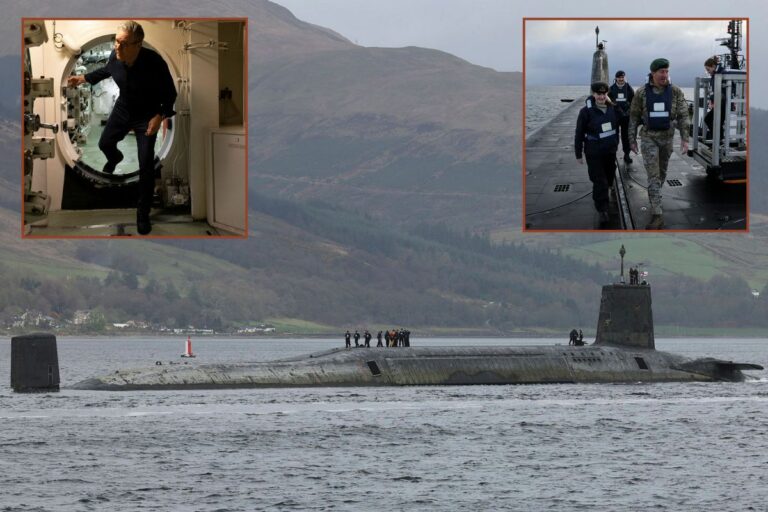 Main picture, the Vanguard-class submarine sailing back towards HMNB Clyde; insets, Prime Minister Sir Keir Starmer inside and First Sea Lord General Sir Gwyn Jenkins being welcomed onboard.