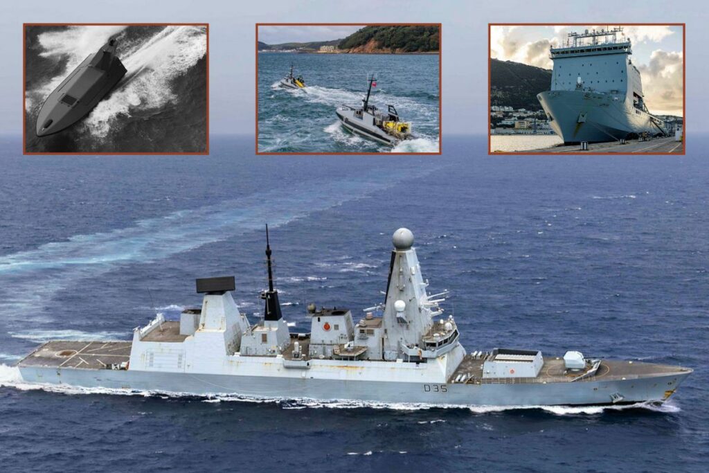 The Royal Navy is preparing to send Kraken K3 Scout USVs and uncrewed mine countermeasures vessels operated from RFA Lyme Bay (insets) to the Gulf, as well as Type 45 destroyer HMS Dragon (main picture).