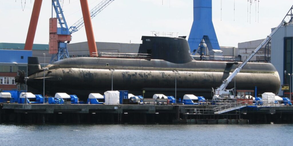 Hellenic Navy Type 214 submarine Papanikolis at the HDW shipyard in Kiel, Germany back in 2008.