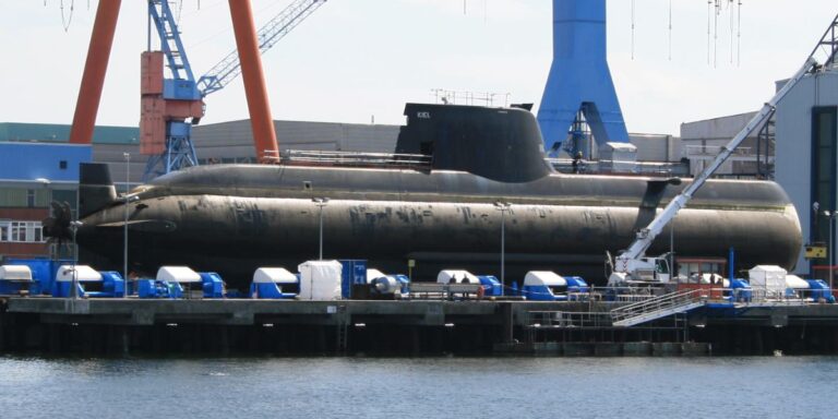 Hellenic Navy Type 214 submarine Papanikolis at the HDW shipyard in Kiel, Germany back in 2008.