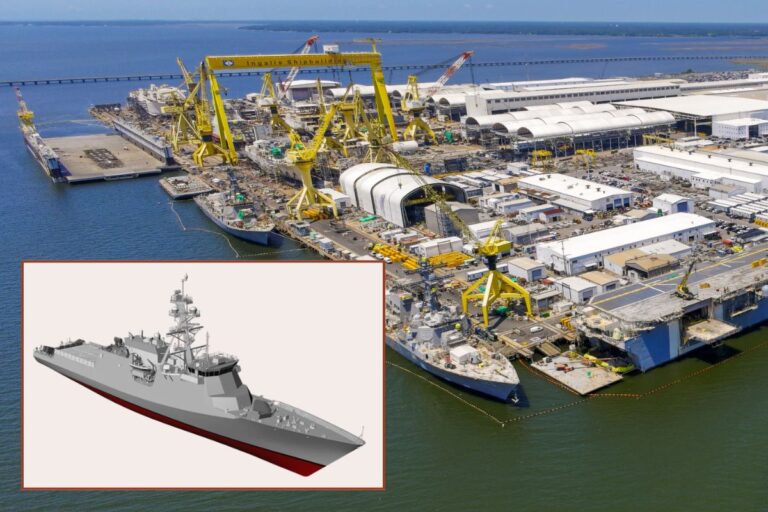The U.S. Navy’s future FF(X) frigate, inset, will be built by HII’s Ingalls Shipbuilding in Pascagoula, Mississippi.
