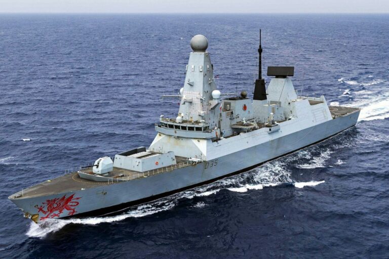 HMS Dragon carrying out high-speed manoeuvres in the eastern Mediterranean, as seen from a Wildcat Helicopter.