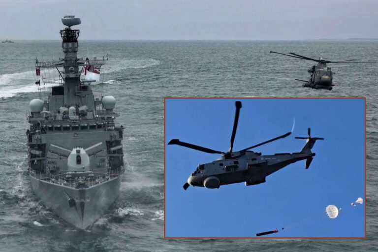 Inset, a Merlin helicopter drops a Training Variant Torpedo; main image, a Merlin flying alongside HMS Somerset while on shadowing duties.
