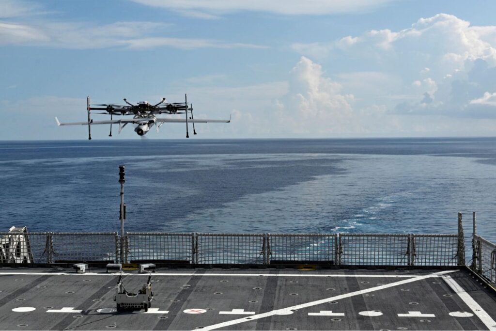 An Integrator drone launching from a U.S. Navy vessel.