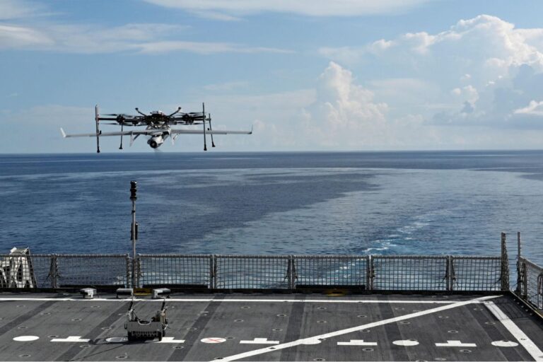 An Integrator drone launching from a U.S. Navy vessel.
