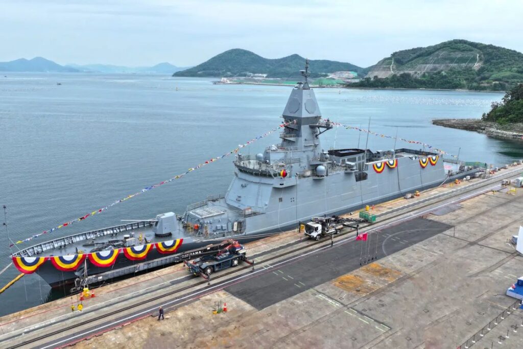 ROKS Jeju quayside at the shipyard in Goseong-gun ahead of its launch ceremony.