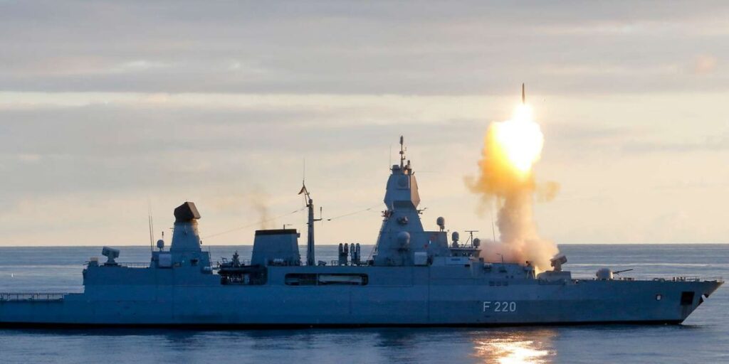 German Sachsen-class air-defence frigate Hamburg launching a missile during a previous live-fire exercise.