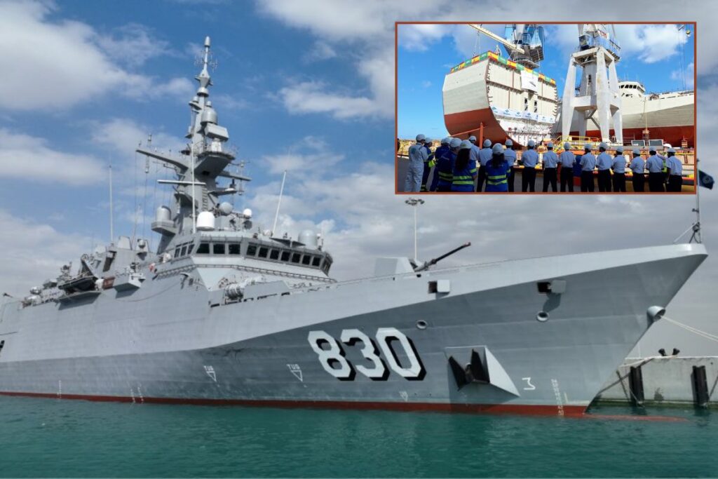 Main picture, Saudi Al Jubail-class corvette Al Diriyah; inset the keel-laying ceremony for the new corvette at Navantia’s San Fernando shipyard.