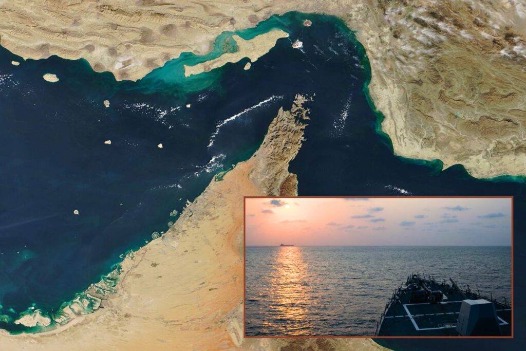 Inset, U.S. destroyer USS Pinckney observes a merchant vessel while on patrol enforcing the U.S. blockade against Iran; America has just announced a new “Project Freedom” initiative to reopen the Strait of Hormuz (main picture).